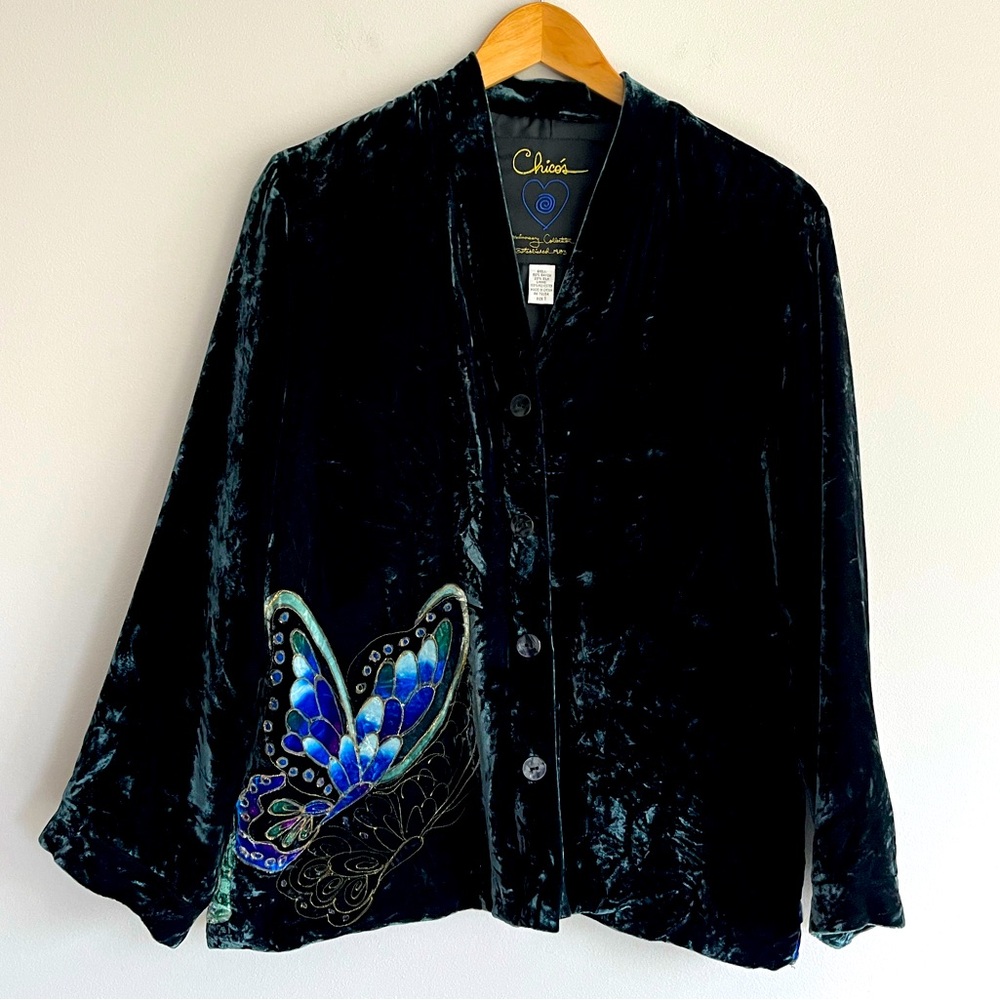 Chico's Vintage Green Crushed Velvet Jacket with Butterfly Design size 8